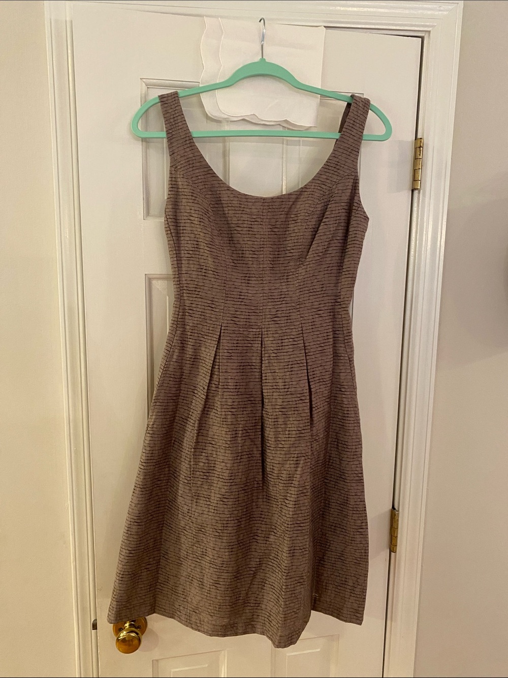 Nine West Sleeveless Taupe Stripe Fit & Flare Dress with Woven Belt